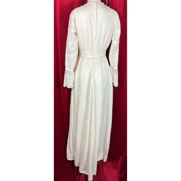 Tall C 1908 Fancy Lace Linen Dress Summer Edwardian Bell Sleeve - Picture 4 of 12